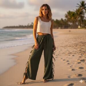 Love Trends Olive Green Wide Leg Pants Sz M Side Tie Cut Out Boho Chic Festival